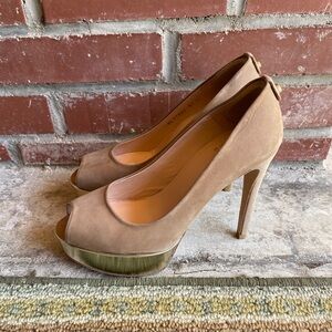 Stuart Weitzman Suede Tan Peep-Toe Stilettos